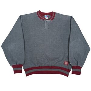 Vintage Russell Athletic Henley Sweatshirt Gray Red USA Medium 90s Crewneck